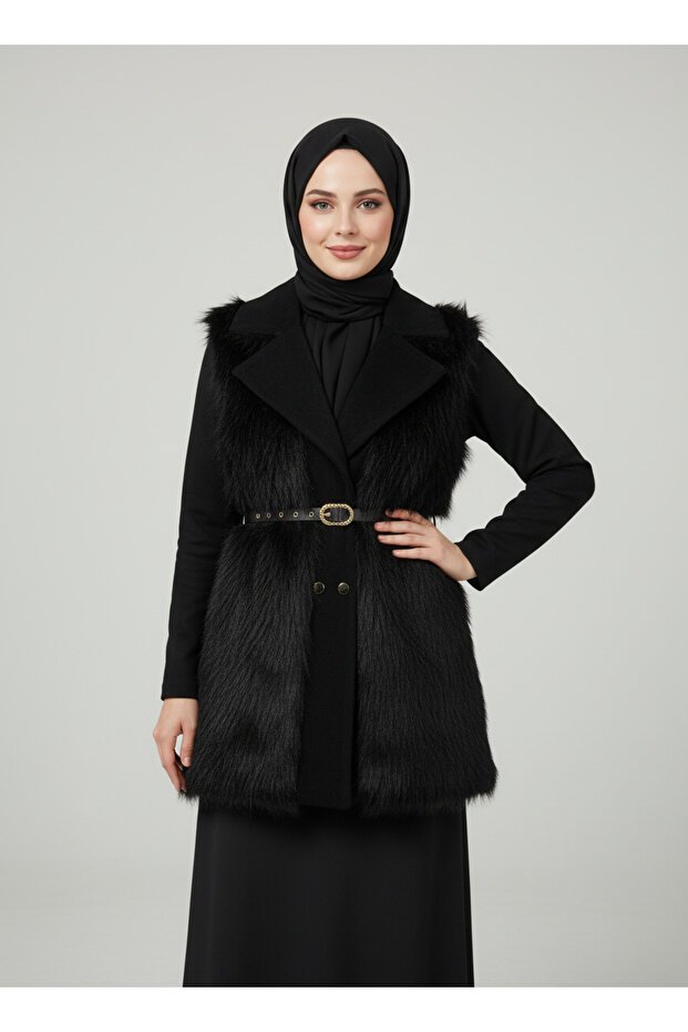 Finetta Metal Buttoned Fur Vest-En2209 Black