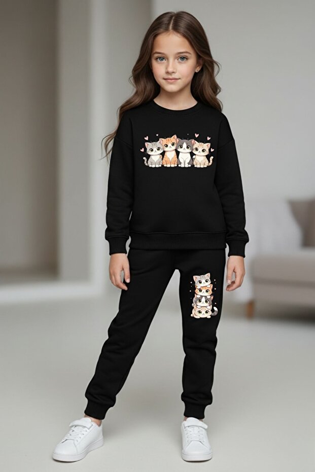 Girls' 4Cats Printed Crew Neck Tracksuit Set – Black & Gray