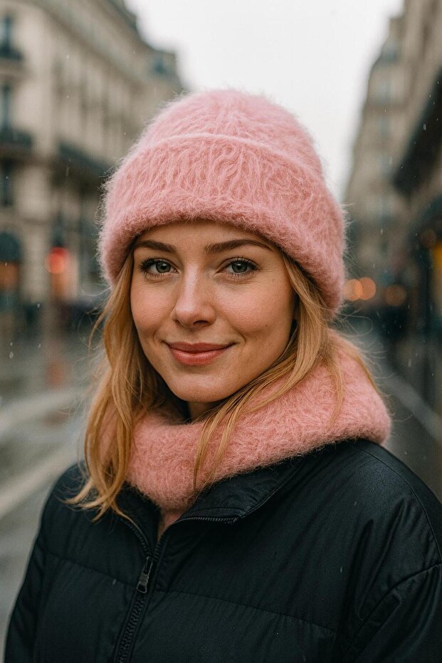 Pink Soft Textured Plush Foldable Women's Beanie