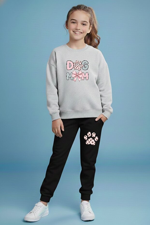 Girl's Dogmom Printed Crew Neck Tracksuit Set – Black & Grey