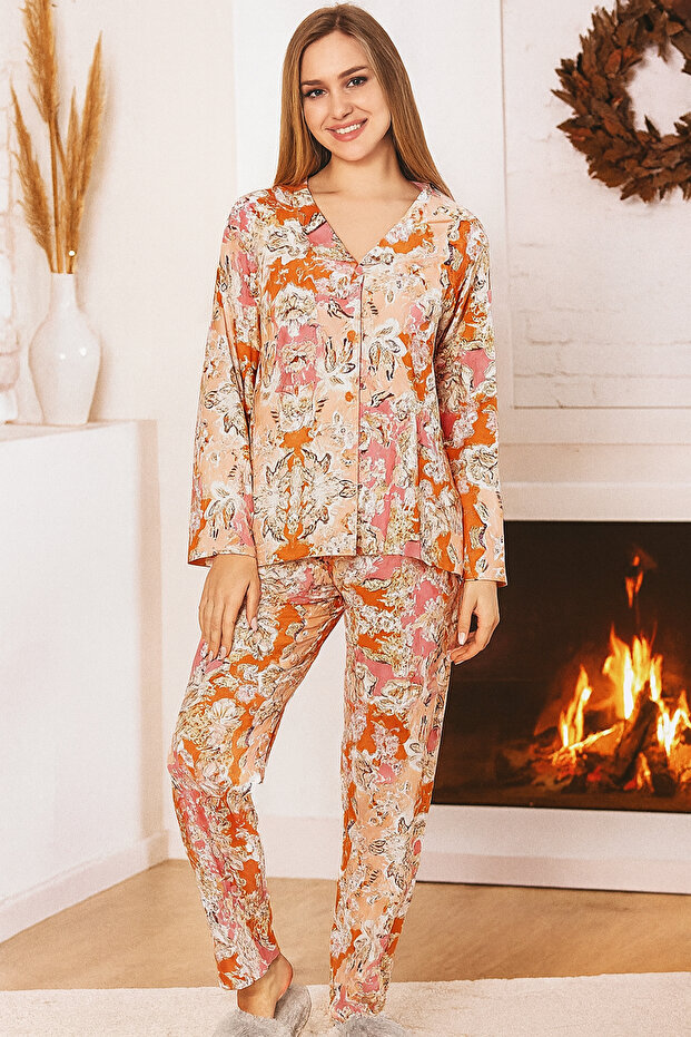 Women's Floral Pattern Soft Texture Marla Pajama Set 0485 Powder