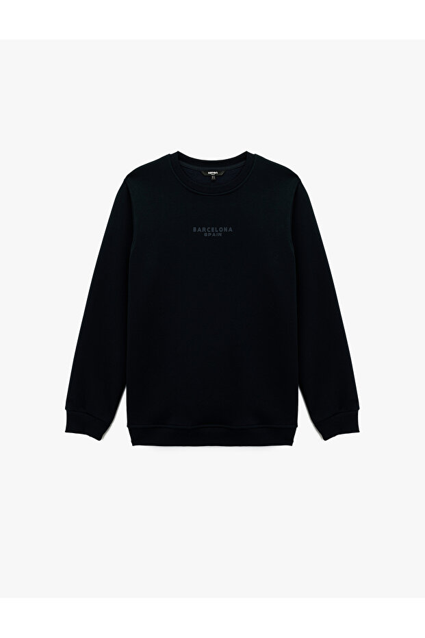 Regular Fit Basic Fleece-Lined Crew Neck Printed Sweatshirt - 3