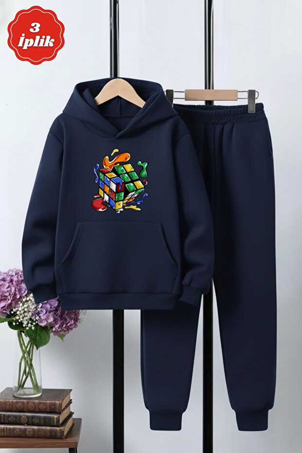 3 İplik Ş Fleece-Lined Boys' Tracksuit Set with Kangaroo Pocket and Intelligence Cube Print Detail