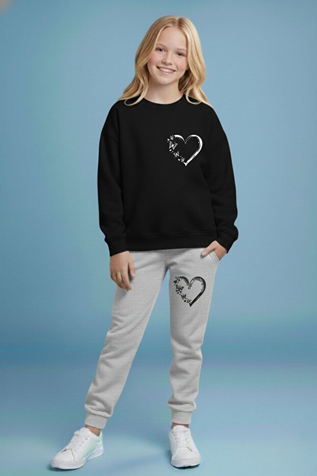 Girl's Heart Printed Crew Neck Tracksuit Set – Black & Grey