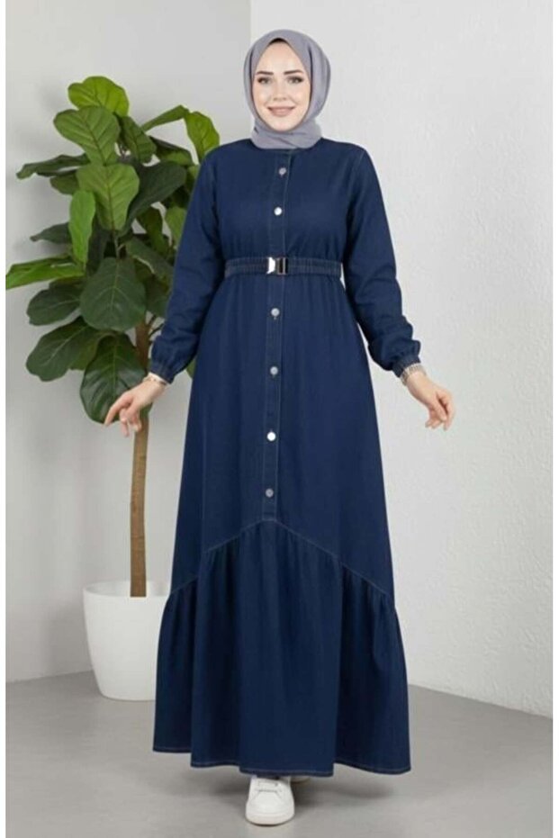 Women's Buttoned Belted Denim Dark Blue Dress