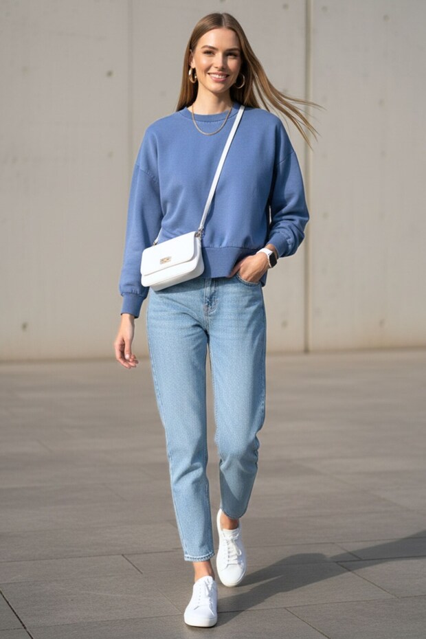 Women's Blue Crew Neck Cotton Long Sleeve Relaxed Fit Sweatshirt - Women's Sweatshirt