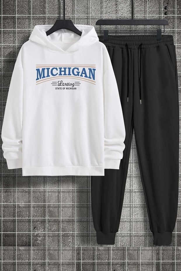 Unisex White Hooded Michigan Printed Tracksuit Set