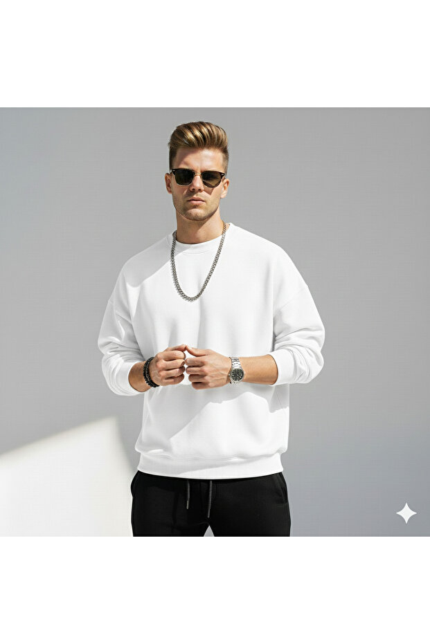 New Season Men's Loose Fit Sweatshirt | Oversized Crew Neck Thick Combed Cotton