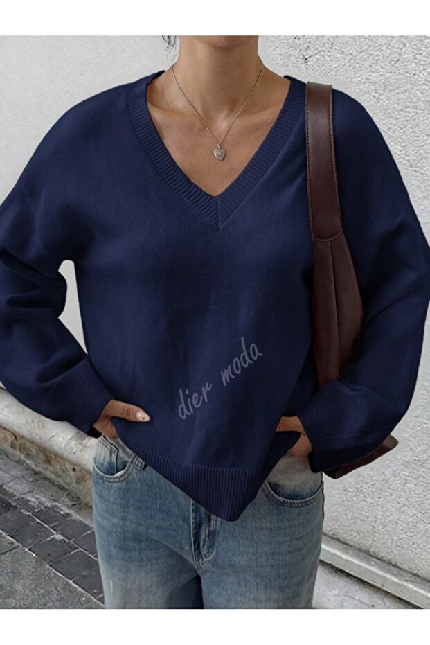 Women's Navy Blue V-Neck Oversized Knitwear Sweater, Knitwear Sweater Fmoda1970