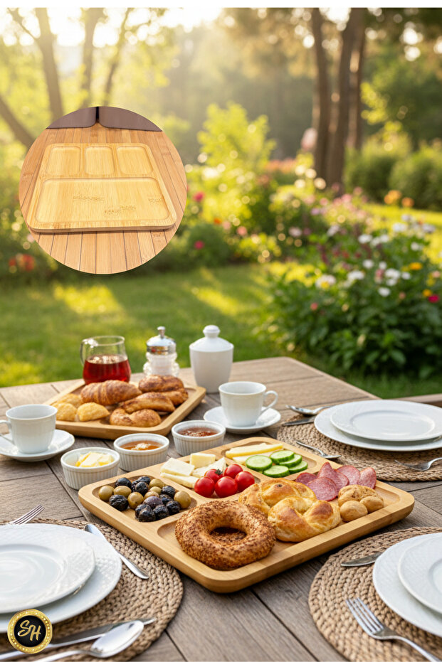 4-Compartment Original Bamboo Divided Serving Plate for Breakfast, Snacks, Serving Bamboo Size:21X21