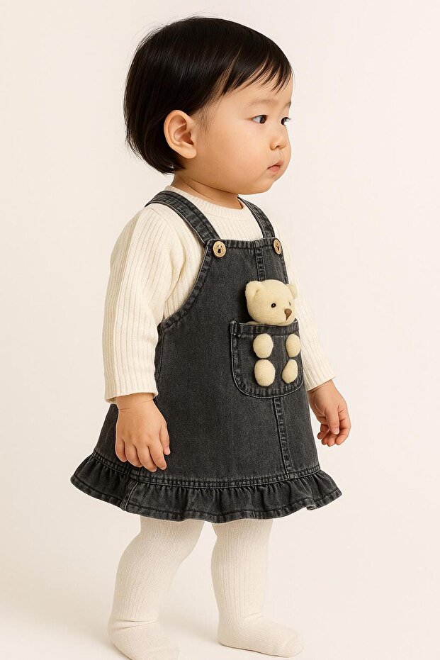 Teddy Bear Jean Jile Suspender Skirt Dress 2-Piece Set