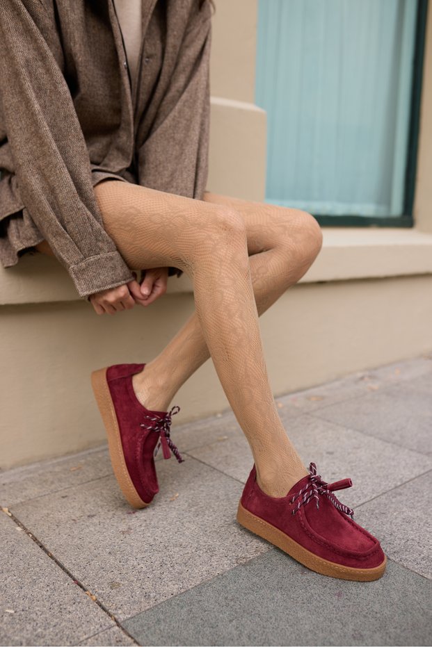 Lemari̇o Women's Burgundy Genuine Leather Suede Lace-Up Detail Loafer Shoes