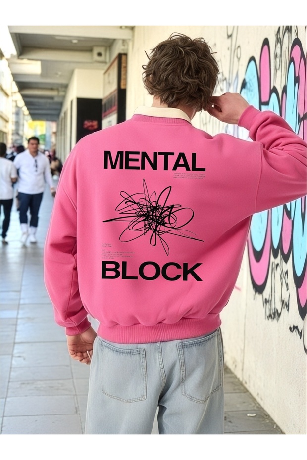 سويت شيرت للجنسين بأكمام طويلة من Mental Block Transfer مطبوع مقاس كبير ذو ياقة دراجة هوائية