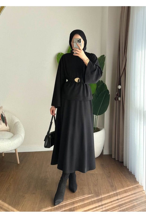 Women's Thessaloniki Fabric Belt Detailed Skirt Suit - Black