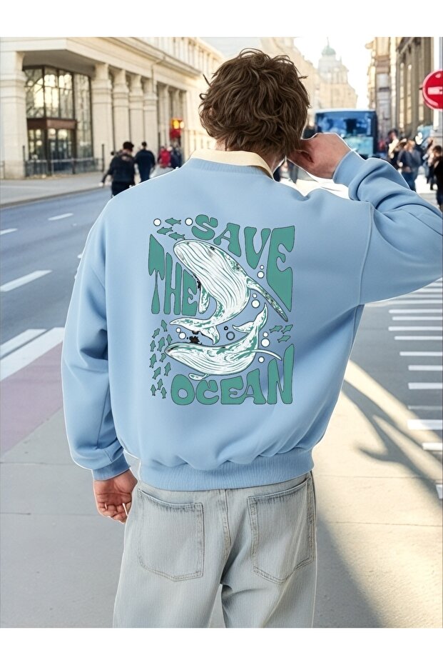 سويت شيرت بأكمام طويلة للجنسين من Save The Ocean Transfer مطبوع مقاس كبير ذو ياقة دراجة هوائية