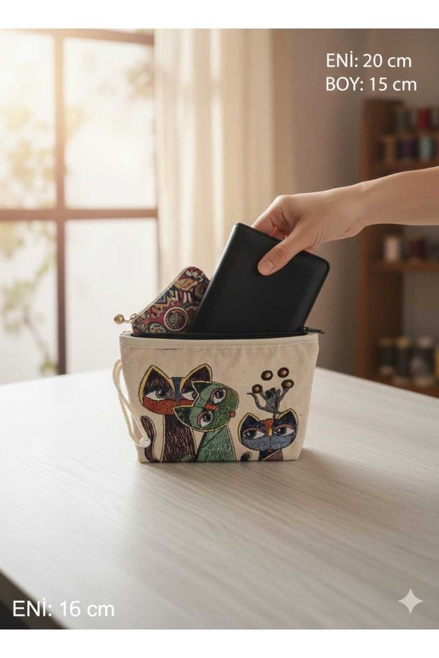 Tapetic Anatolian, Cat Themed Handbag (with Zipper) Two Sides with Cat Motif