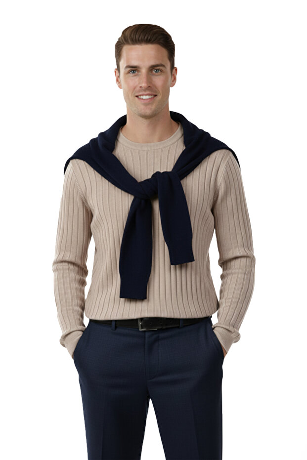 Men's Beige Comfortable Fit Striped Textured Knit Sweater – Stylish & Modern Design 2605432