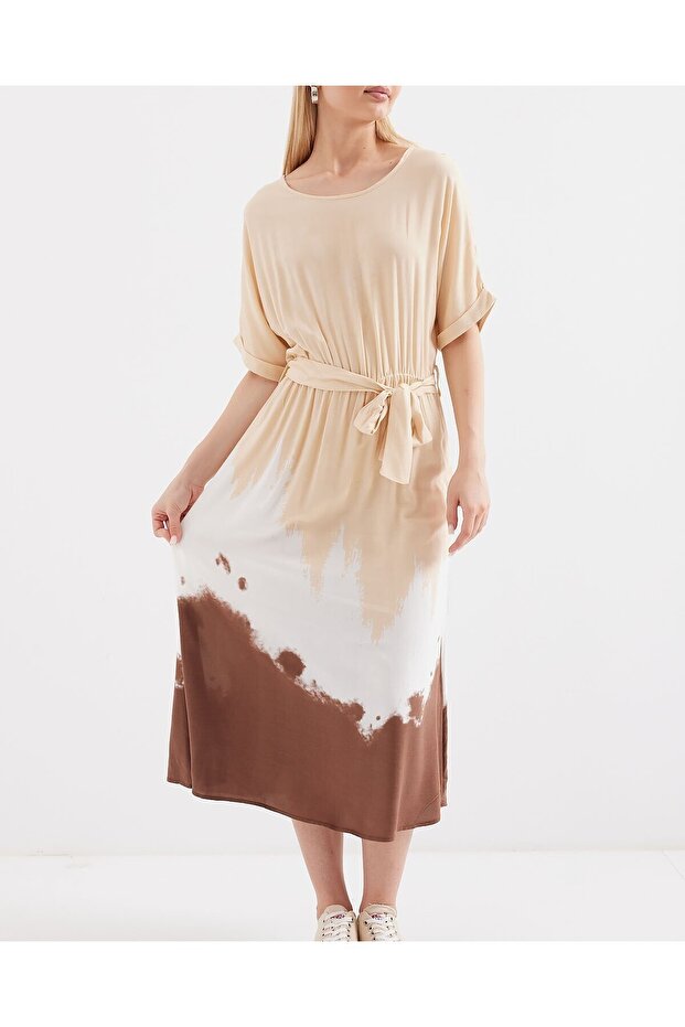 2504 Patterned Short Sleeve Viscose Dress - Cream