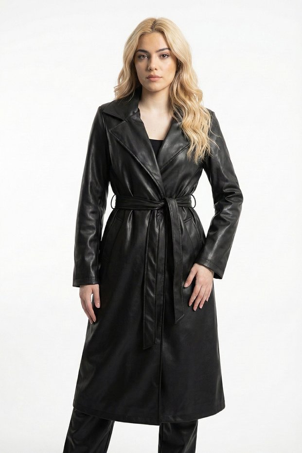 Women's Black Long Leather Trench Coat with Pockets Belted Wind Cover New Season Outerwear