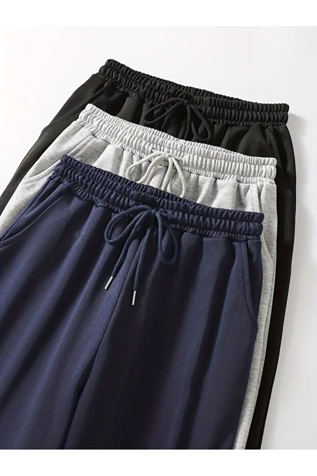 3 Pieces Unisex Regular Black Gray Navy Blue Pipe Leg Sweatpants - 4