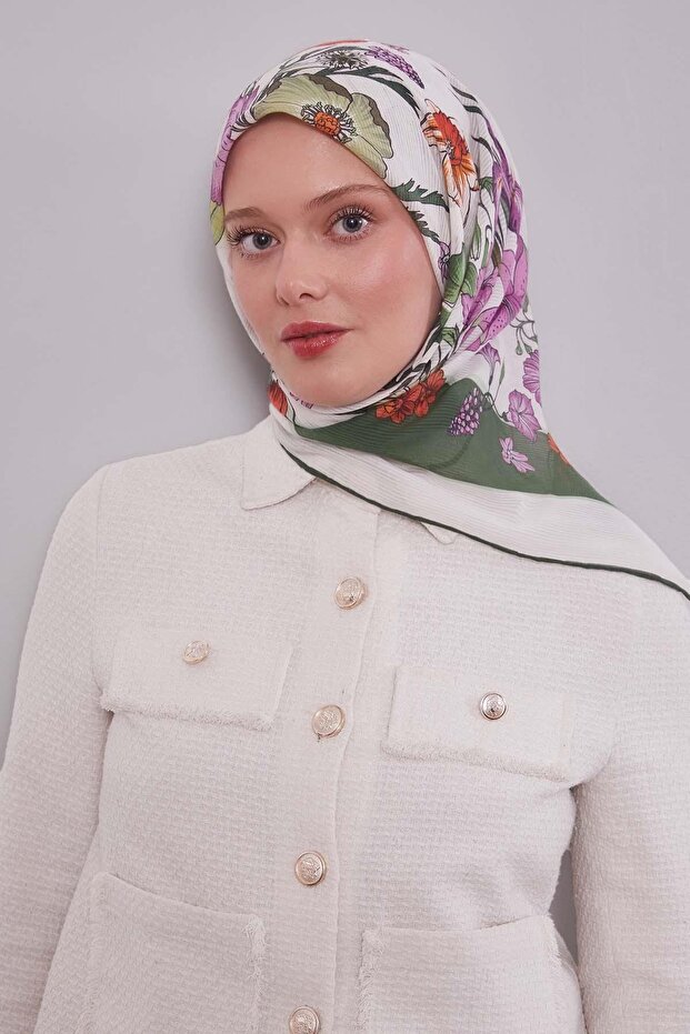 Emerald Daisy Pattern Cotton Scarf - 1