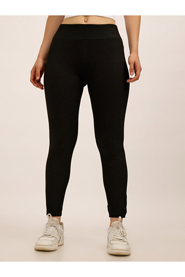 Black Ribbed Basic Solid Leggings - 4