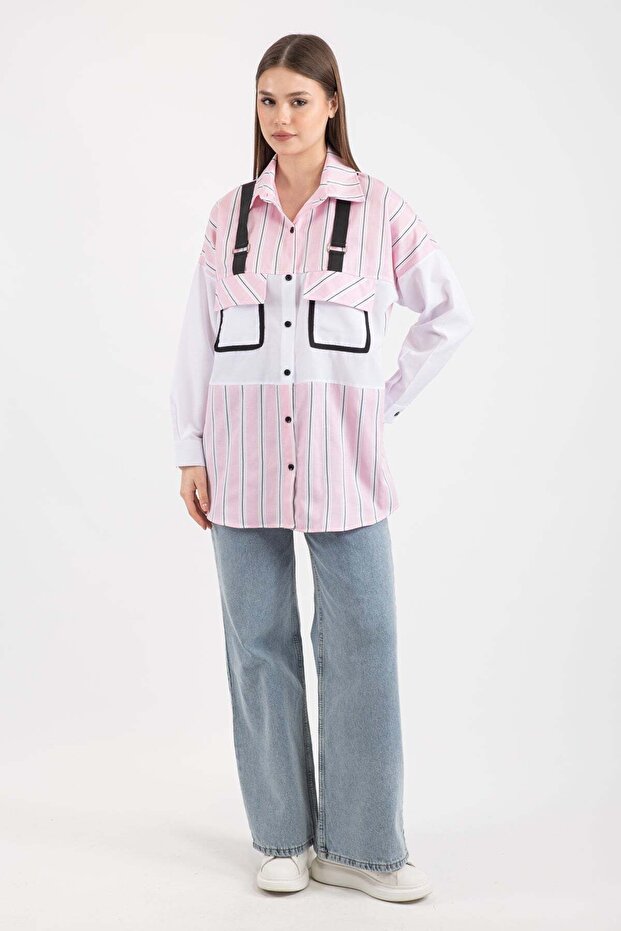 Women's Oversized Striped Shirt with Pocket and Strap Design 7933 - Pink