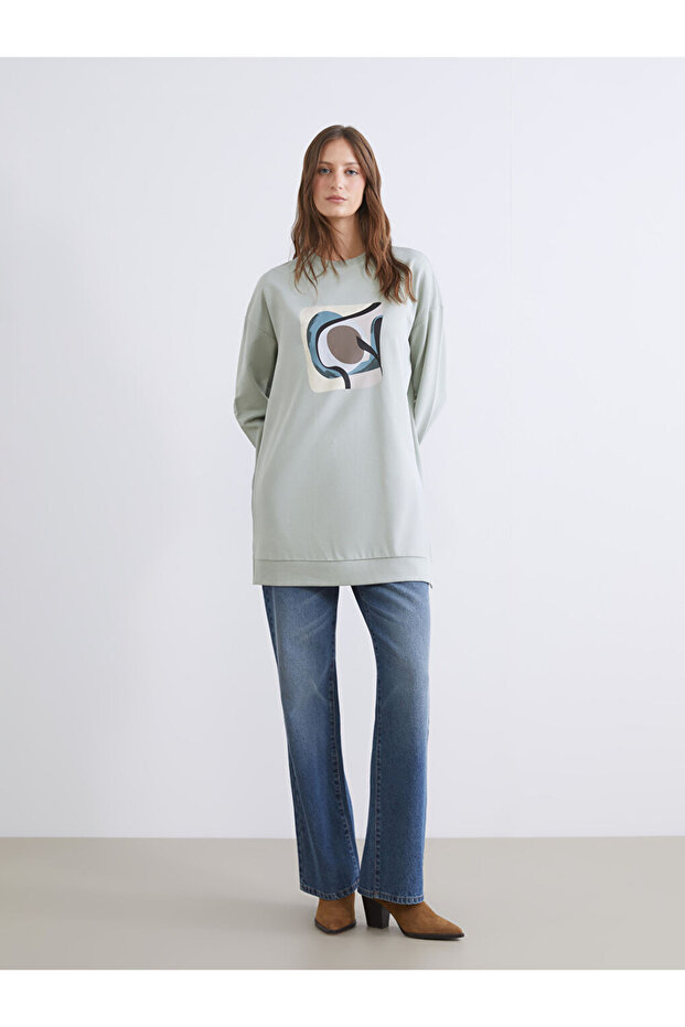 Basic Gri Baskılı Oversize Kadın Sweatshirt Tunik - 2