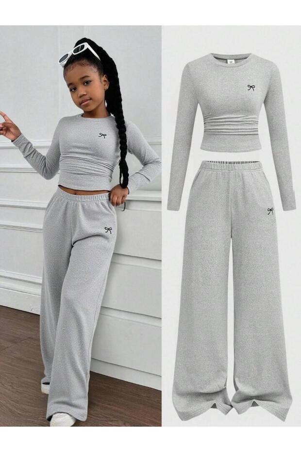 Girls' Small Bow Printed Sweatpants Top-and-Bottom Set