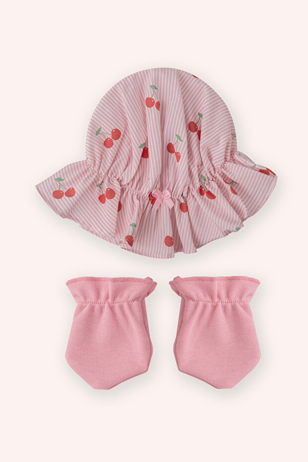 Newborn Cherry Patterned Pink Hat Gloves Set - 1