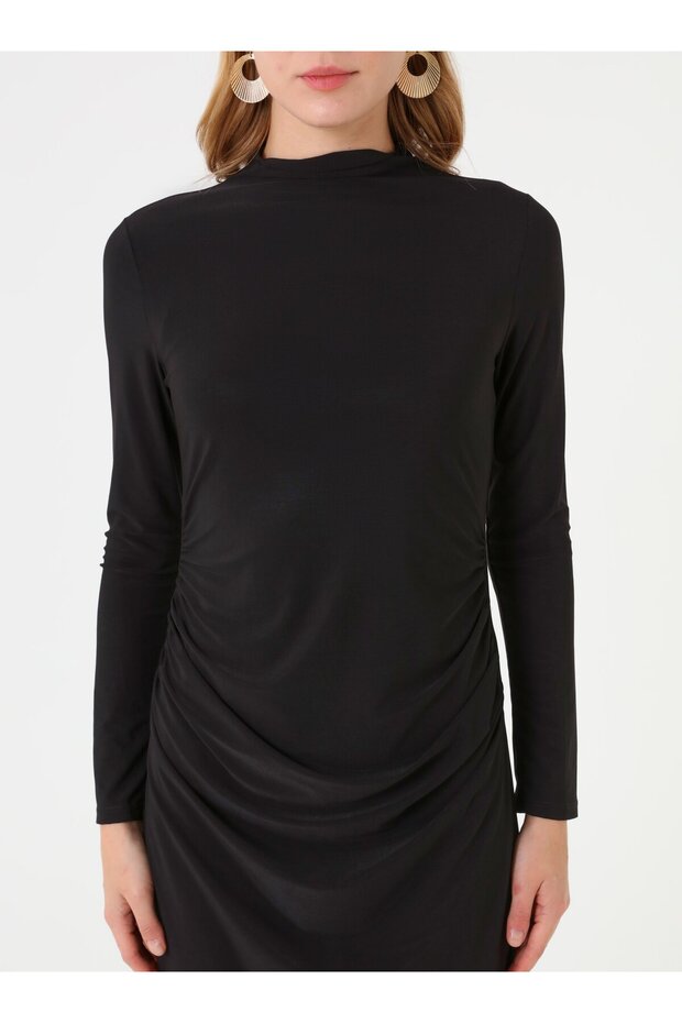 Drapeli Detaylı Elbise - Siyah - - 4