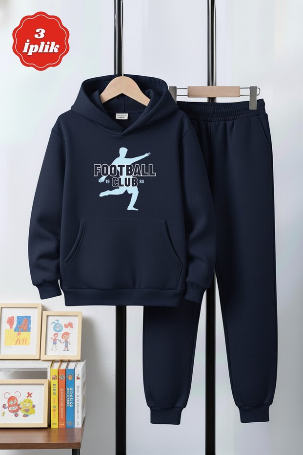 3 İplik Ş Fleece-Lined Winter Kangaroo Pocket K Hooded Football Club B Printed Boys' Tracksuit Set