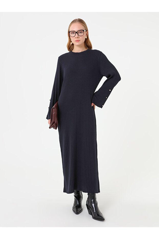 Elegant Button Detailed Knitwear Hijab Dress - Navy Blue -