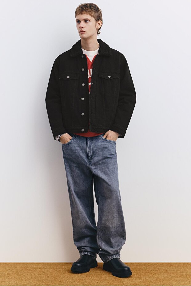 Suni yünlü yakalı denim ceket - 1