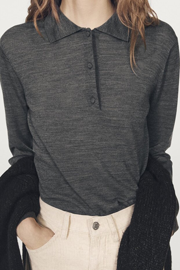 Yün örme polo yaka kazak - 4