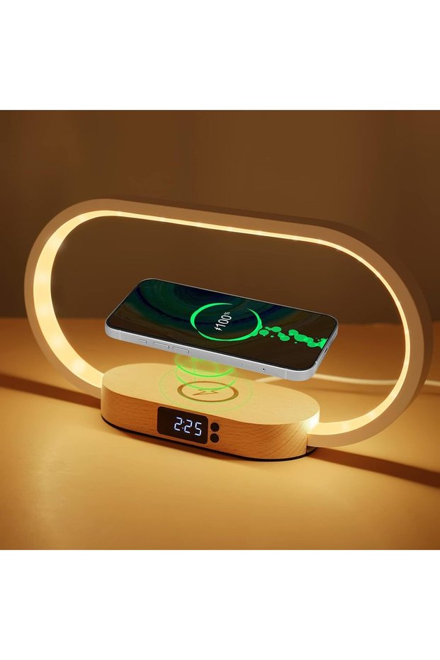 مصباح سرير مع شاحن لاسلكي، مصباح مكتب LED مع منفذ USB، مصباح طاولة يعمل باللمس مع ساعة