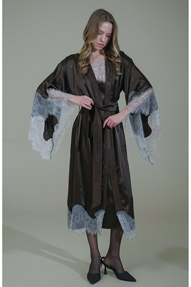 Aci Brown Satin French Lace Bat Sleeve Kimono