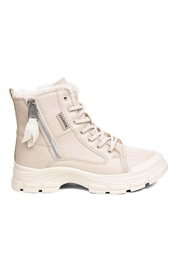 (Conpax) Children's Boots with Wool Inside, Thermo Non-Slip Sole, Zippered & Lace-Up Beige