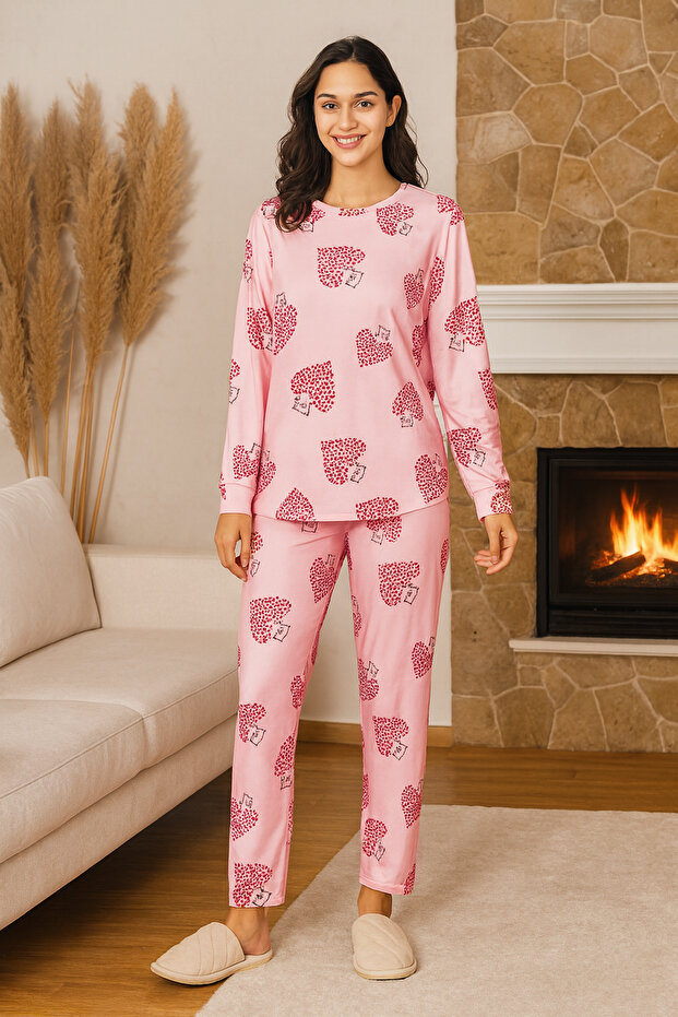 Women's Heart Patterned Comfort Pajama Set 0509 Pink
