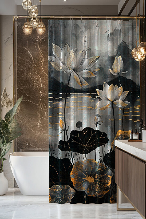 Bathroom Curtain, Lotus Radiance Patterned Shower Curtain, Bathtub Curtain, with Ring Gift 175X200Cm Bp-90