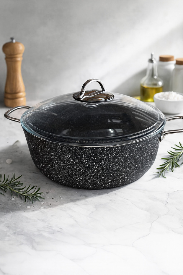 Stone Granite 30 cm Deep Stew Pot | Cast Iron Non-Stick | Can Be Put into the Oven Wide Base |