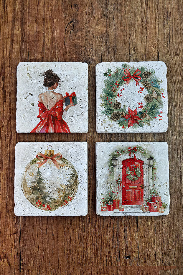Natural Stone Coaster - Christmast New Year Printed 10X10Cm Ai Noel - Stone Coasters 561