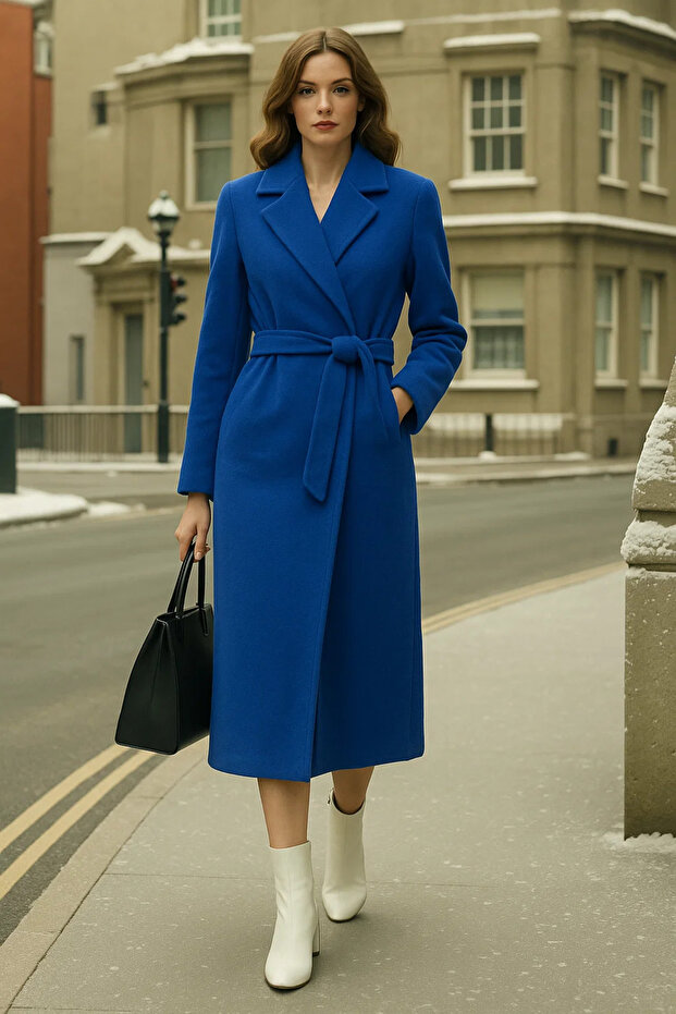 Women's Double-Breasted Premium Blue Cashmere Coat