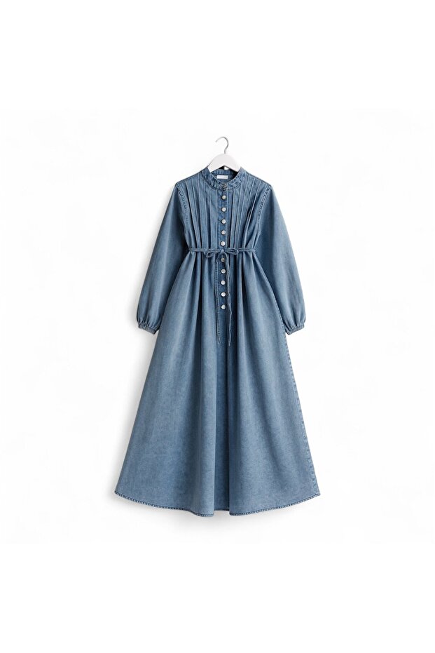 KADIN DRAPELI DÜĞMELI PİLİSELİ KOT ELBİSE - 9