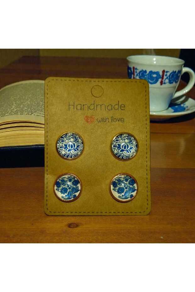 Lotus & Daisy Tile Patterned 2-Piece Blue Cabochon Earring Set – Gold & Rose Gold Metal, Handmade