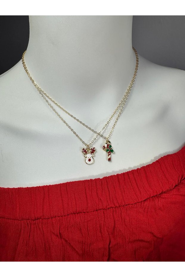 Set of 2 Christmas Necklaces, Reindeer Necklace, Candy Cane Necklace