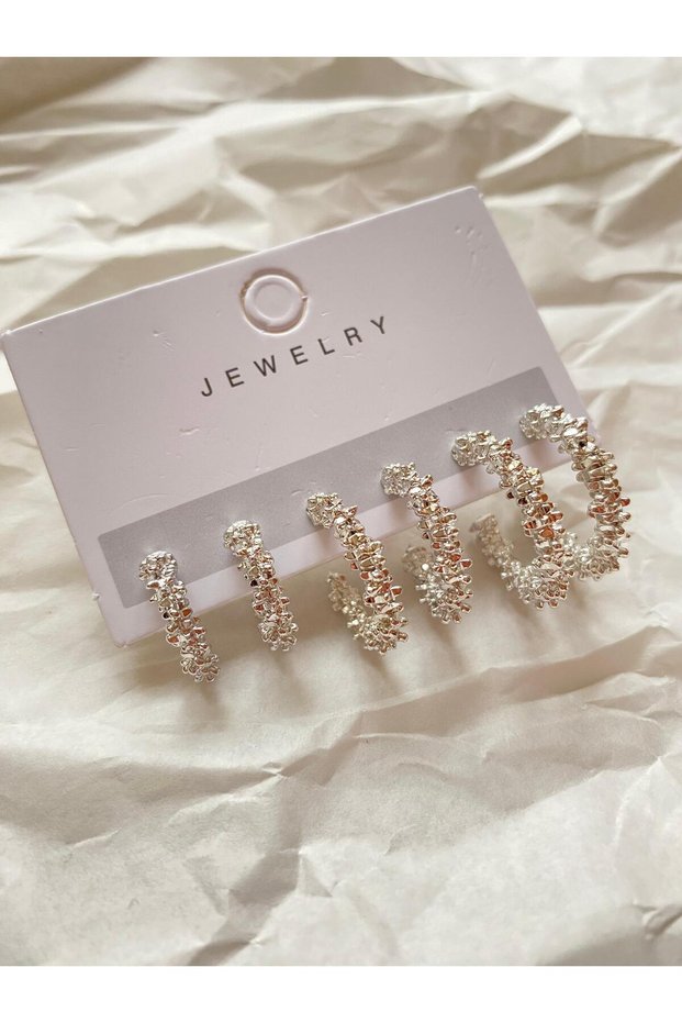 Women's Silver Color Rough Texture Hoop Earrings – Set of 3 | Shiny Flashy Earrings