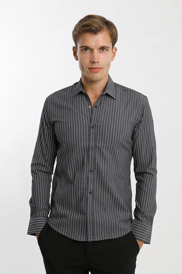 Long Sleeve Snap Button Cotton Lycra Striped Men's Shirt