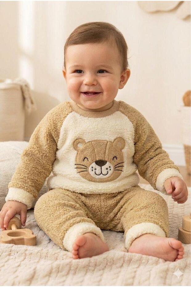 Winter Fleece Fabric Cat Patterned Baby Tracksuit Set-Unisex