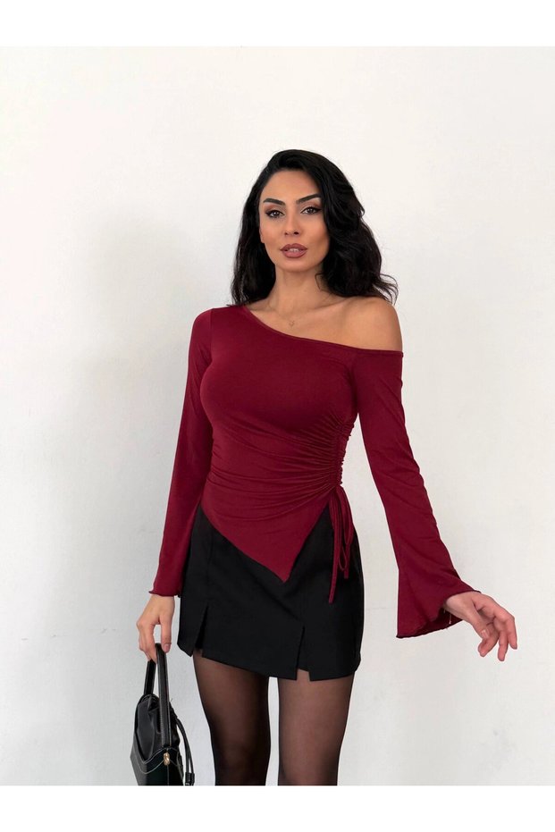 Women's Burgundy Asymmetrical Cut Spanish Sleeve Gathered Waist Sandy Blouse Hzl25W-Fry123591